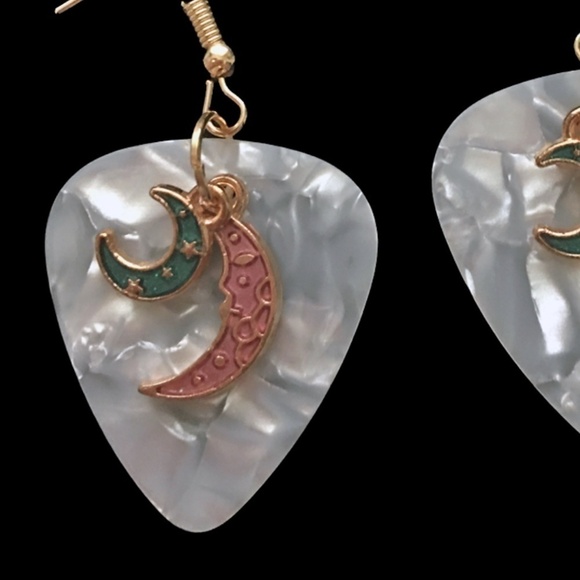 EARRINGS Hand Crafted Drop Repurposed Guitar Picks Two Moons Crying - Picture 3 of 5